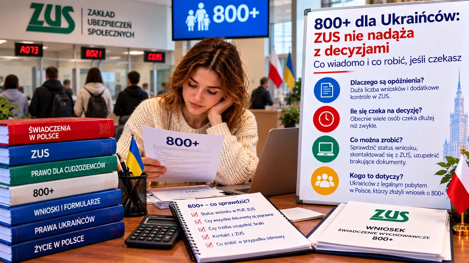 Мати з дитиною дивиться на екран телефона з повідомленням ZUS
