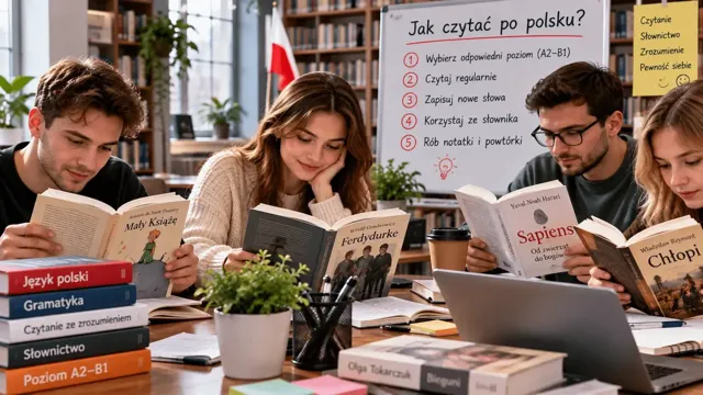 Людина читає польську книгу з олівцем